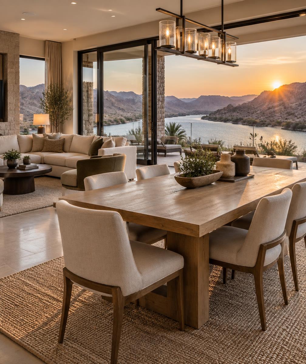 Fully furnished riverfront interior at sunset