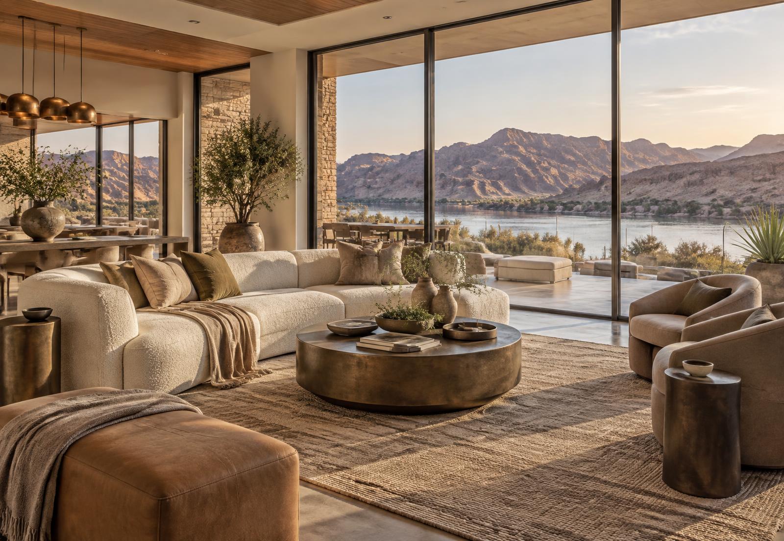 Beautifully furnished riverfront living room overlooking the Colorado River and desert mountains